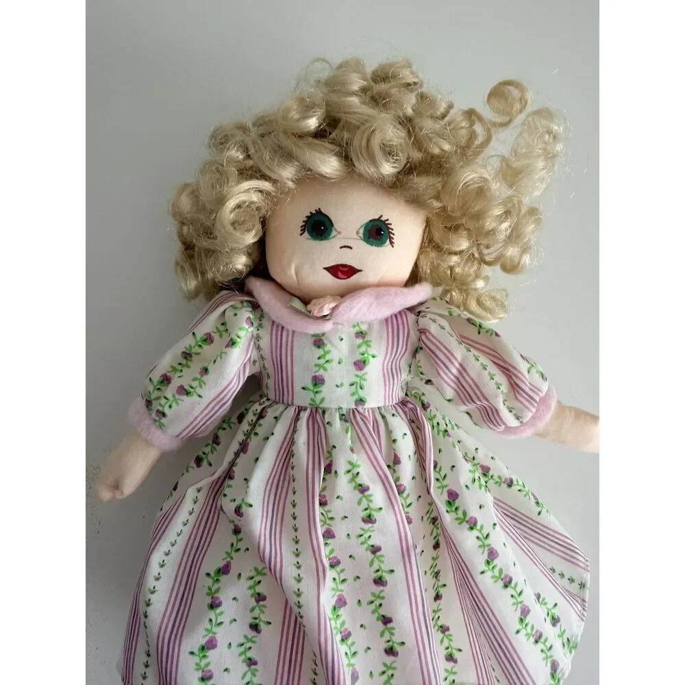 Vintage Style Cloth Rag Doll Blonde Curly Hair Floral Prairie Dress Bloomers 11